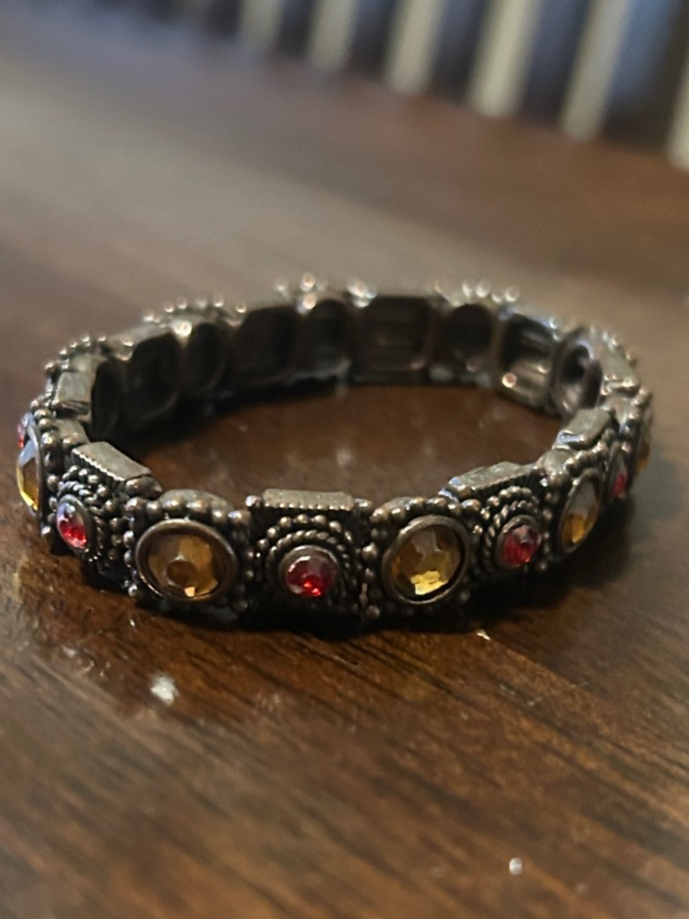 Boho Vintage Style stretchy Bracelet Amber colored Yellow Red Rhinestones